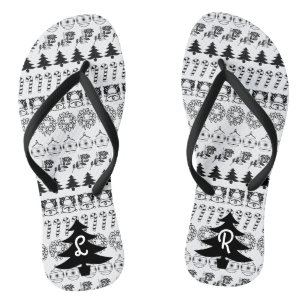 Initialen   Iconisch kerstpatroon voor zwart-wit Teenslippers