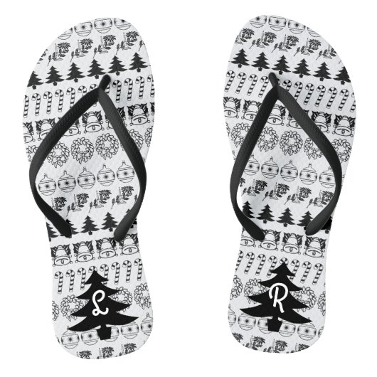 Initialen | Iconisch kerstpatroon voor zwart-wit Teenslippers (Voetbed)