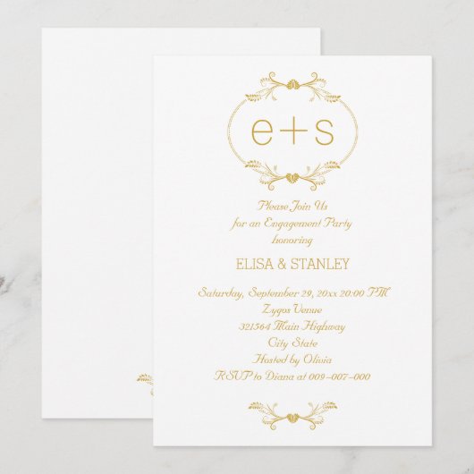 Initialen in een gouden lijst trouwfeest kaart (Voorkant / Achterkant)