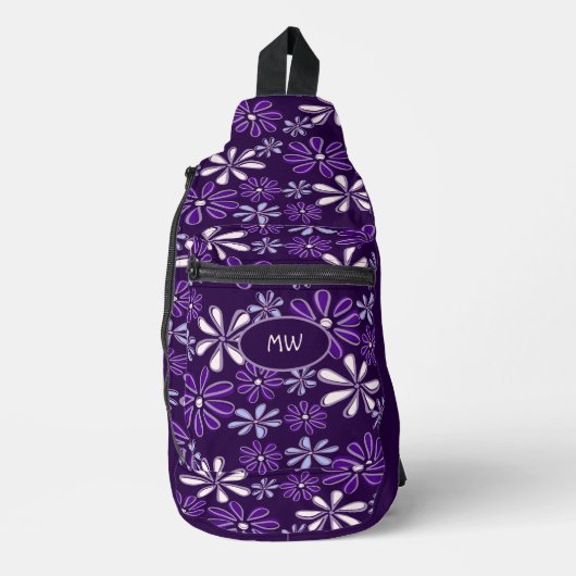 Initialen Indigo Bloem Doodle Patroon Donker Viole Sling Bag (Voorkant)