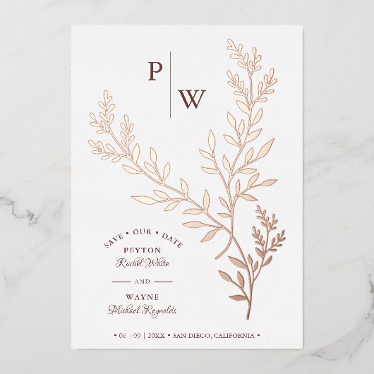 Initialen Luxury Real Roos Gold Botanical Branches Folie Uitnodiging (Voorkant)