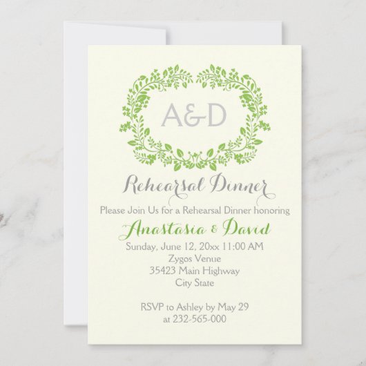 Initialen met een groene blaadjes voor een bruilof kaart (Voorkant)