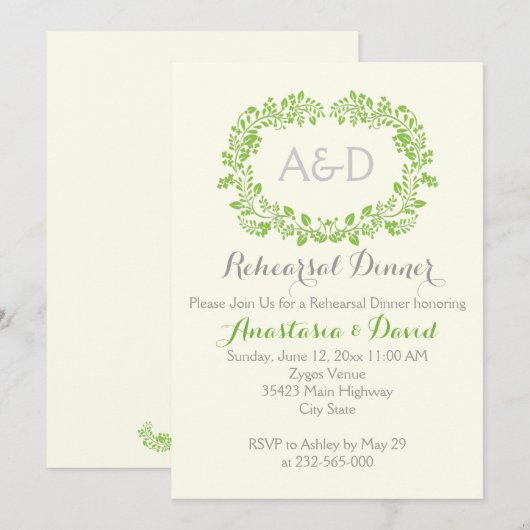 Initialen met een groene blaadjes voor een bruilof kaart (Voorkant / Achterkant)