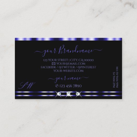 Initialen met piepblauw en zwarte mousserende diam visitekaartje (Achterkant)