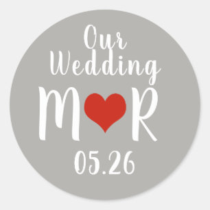 initialen met rood liefdeshart, grijs huwelijk ronde sticker