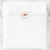 initialen met rood liefdeshart, onze bruiloft vierkante sticker (Tas)