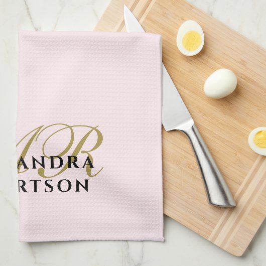 Initialen Minimalistisch Pastel Roze Goud Zwart St Theedoek (Quarter Fold)
