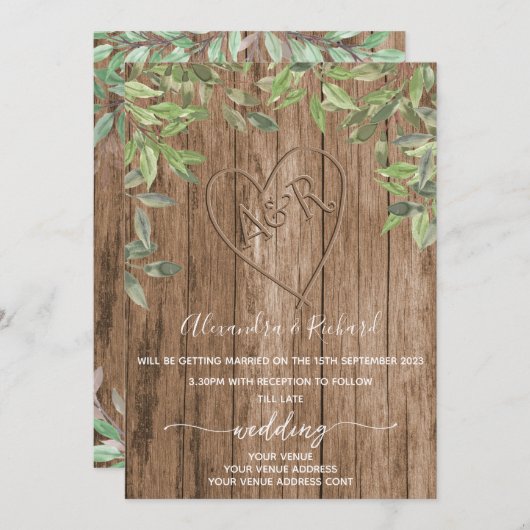 Initialen monogram houtwachteffect gecarbeerde boo kaart (Voorkant / Achterkant)