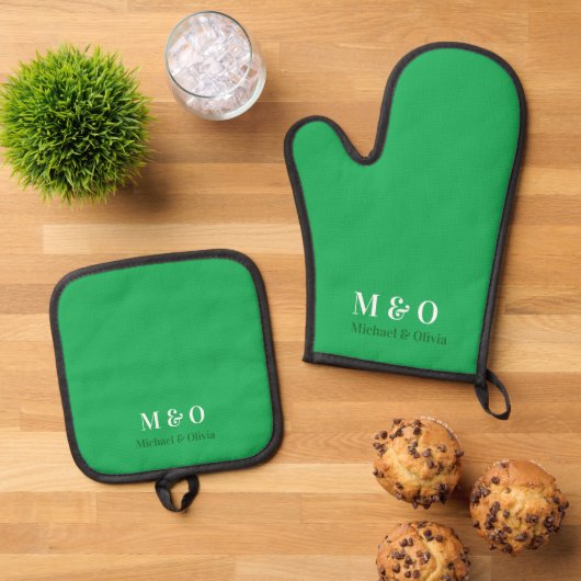 Initialen Monogram Koppel Naam Groene Ovenwanten Ovenwant & Pannenlap Set (Top down)