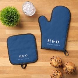 Initialen Monogram Koppel Naam Navy Blauw Ovenwant & Pannenlap Set