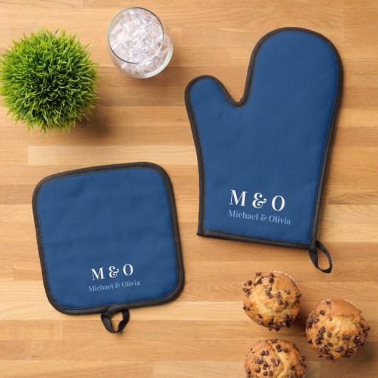 Initialen Monogram Koppel Naam Navy Blauw Ovenwant & Pannenlap Set (Top down)