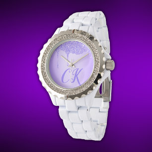 Initialen Monogram met Paarse Glitter   Horloge