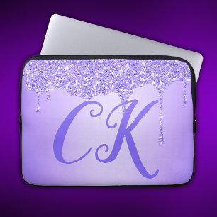 Initialen Monogram met Paarse Glitter   Laptop Sleeve