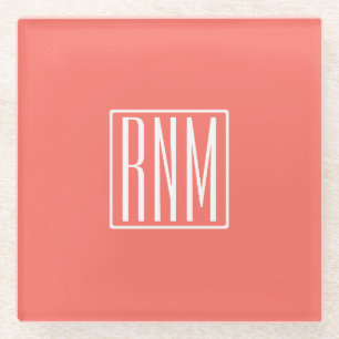 Initialen Monogram   wit op koraal Glazen Onderzetter