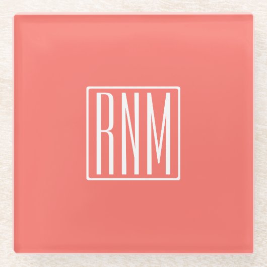 Initialen Monogram | wit op koraal Glazen Onderzetter (Voorkant)