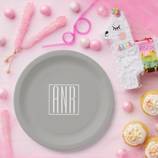 Initialen Monogram | Wit Op Lichtgrijs Papieren Bordje (Feest)