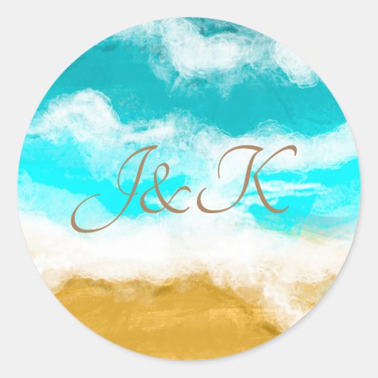 Initialen Ocean Waves van de Wedding Couple Ronde Sticker (Voorkant)
