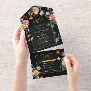 Initialen van Floral Dark & Moody Wedding All In One Uitnodiging