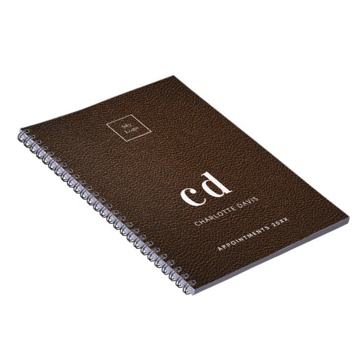 initialen van logo-bruinledermonogram notitieboek (Rechterzijde)