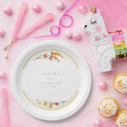 Initialen van Wildflower Wedding Waterverf Gold ID Papieren Bordje (Feest)