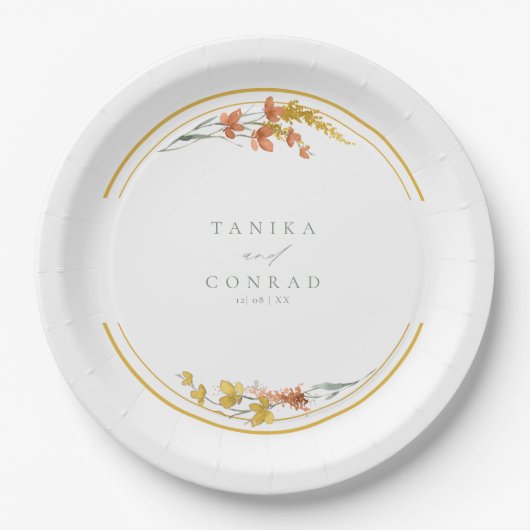 Initialen van Wildflower Wedding Waterverf Gold ID Papieren Bordje (Voorkant)