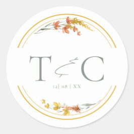 Initialen van Wildflower Wedding Waterverf Gold ID Ronde Sticker