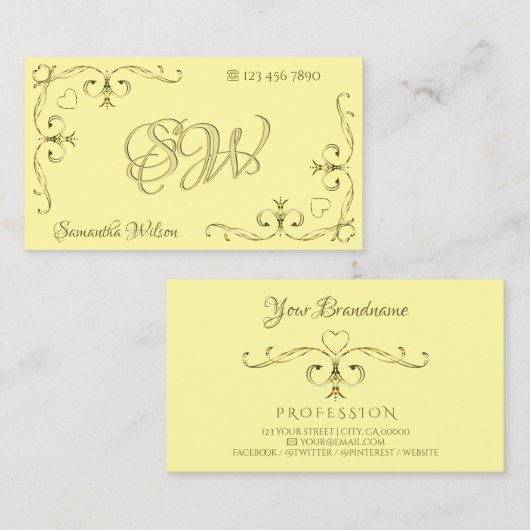 Initialen voor gouden  hoeken voor e-mail op crème visitekaartje (Voorkant / Achterkant)