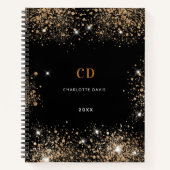 Initialen voor goudglitterstofmonogram zwart notitieboek (Voorkant)