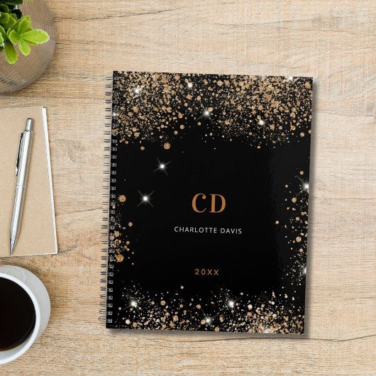 Initialen voor goudglitterstofmonogram zwart notitieboek