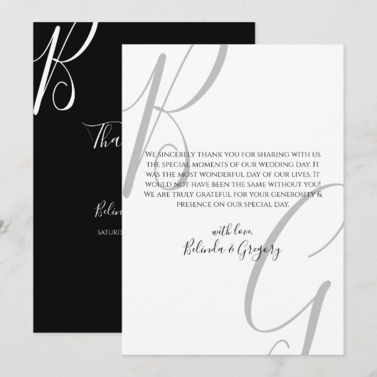 Initialen voor zwart-wit monogram bedankkaart (Voorkant / Achterkant)