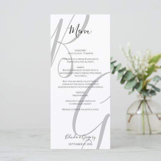 Initialen voor zwart-wit monogram menu (Staand voorkant)