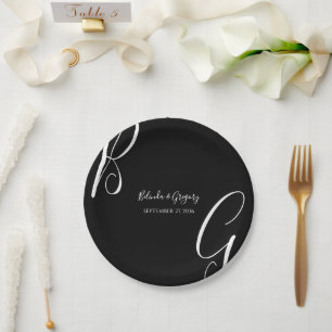 Initialen voor zwart-wit monogram papieren bordje