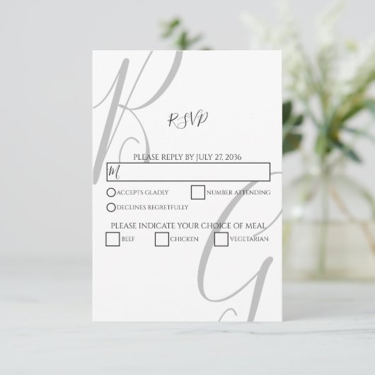 Initialen voor zwart-wit monogram RSVP kaartje (Staand voorkant)