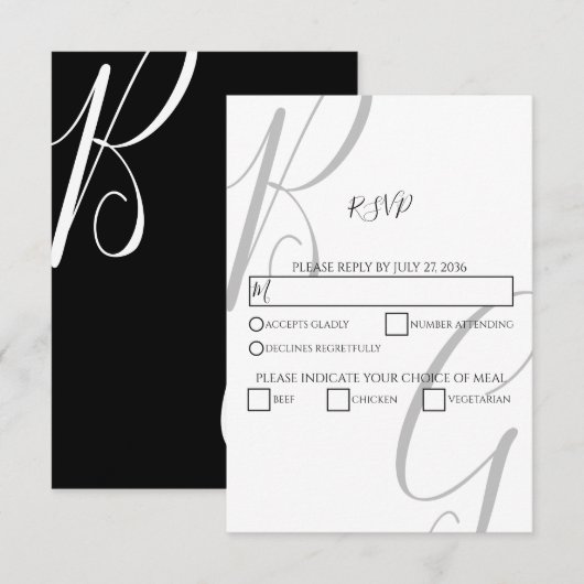 Initialen voor zwart-wit monogram RSVP kaartje (Voorkant / Achterkant)