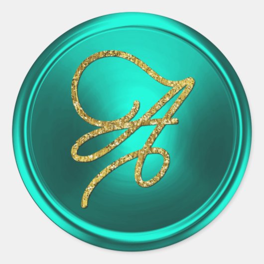 INITIALLEN Gouden Script Monogram Turquoise Ronde Sticker (Voorkant)