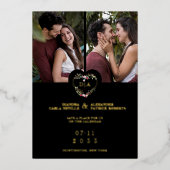 Initials Elegant Floral Red Heart 2 Photos Black Folie Uitnodiging (Voorkant)