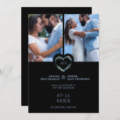 Initials Floral Blue Heart 2 Photos on Black Save The Date (Voorkant / Achterkant)