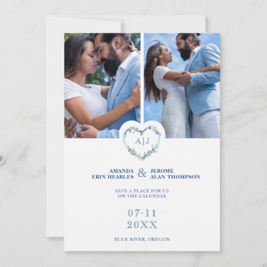 Initials Floral Blue Heart 2 Photos on White Save The Date (Voorkant)