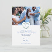 Initials Floral Blue Heart 2 Photos on White Save The Date (Staand voorkant)