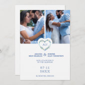Initials Floral Blue Heart 2 Photos on White Save The Date (Voorkant / Achterkant)