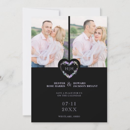 Initials Floral Purple Heart 2 Photos on Black Save The Date (Voorkant)
