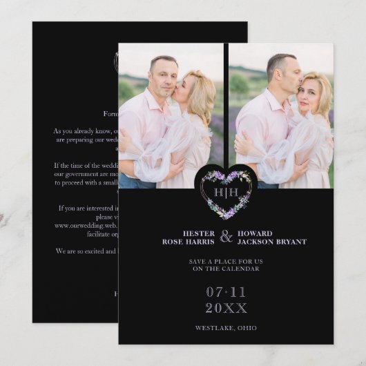 Initials Floral Purple Heart 2 Photos on Black Save The Date (Voorkant / Achterkant)