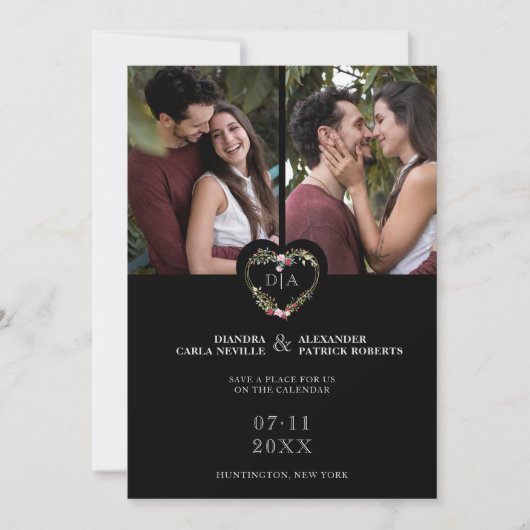 Initials Floral Red Heart 2 Photos on Black Save The Date (Voorkant)