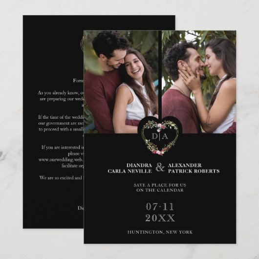 Initials Floral Red Heart 2 Photos on Black Save The Date (Voorkant / Achterkant)