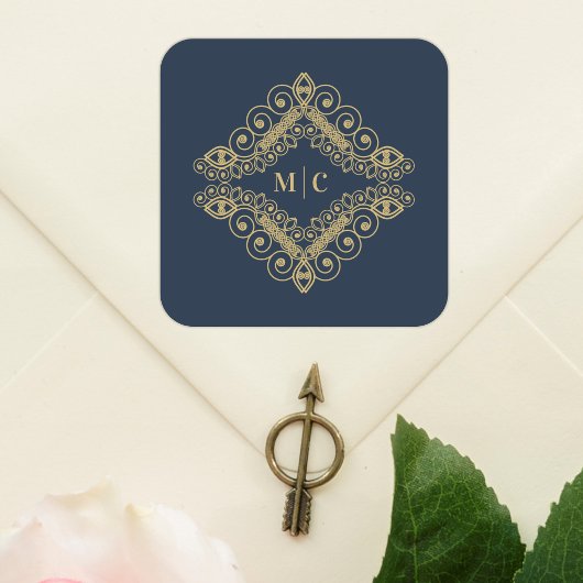 Initials Navy Blue Gold Sophisticated Swirly Vierkante Sticker