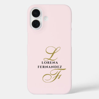 Initials Pastel Pink Minimalist Gold Calligraphy  iPhone 16 Hoesje