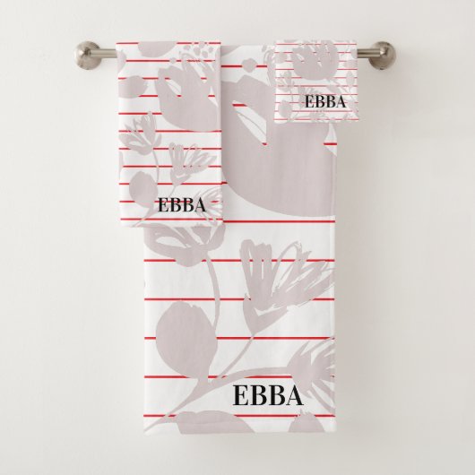 Initials pretty red stripes pink flowers girly bad handdoek (Insitu)