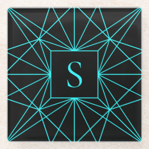 Initieel Monogram Turquoise Geometrisch Ontwerp Glazen Onderzetter