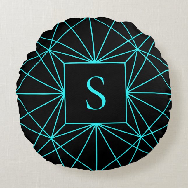 Initieel Monogram | Turquoise Geometrisch Ontwerp Rond Kussen (Voorkant)