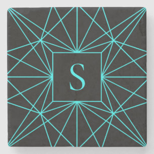 Initieel Monogram Turquoise Geometrisch Ontwerp Stenen Onderzetter